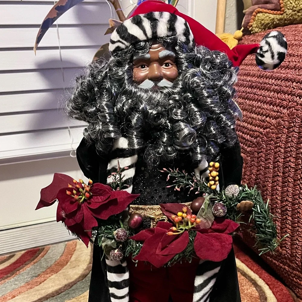 PRE-LOVED VINTAGE 19” TALL BLACK SANTA CLAUS DISPLAYED WITH HIS SOFT CURLY BEARD